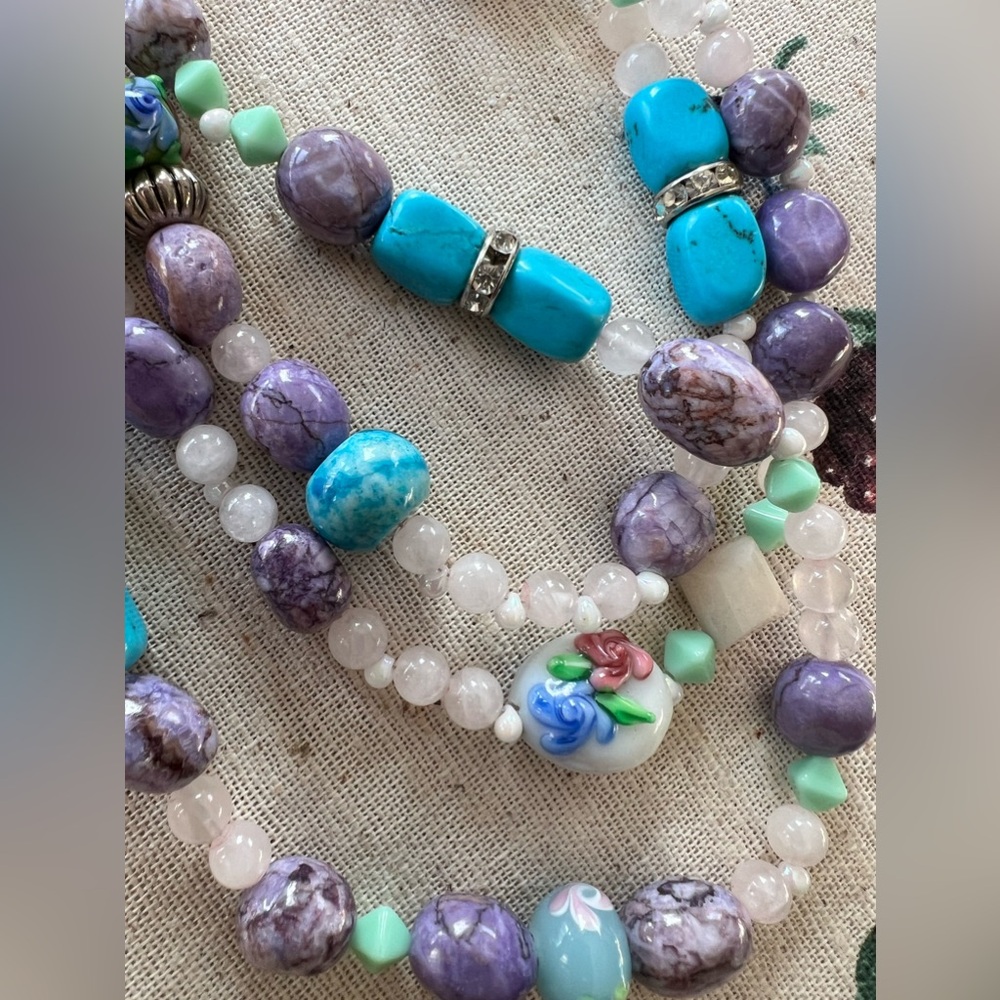 Handmade extra long floral glass bead & gemstone crystal cottagecore necklace - Picture 5 of 6